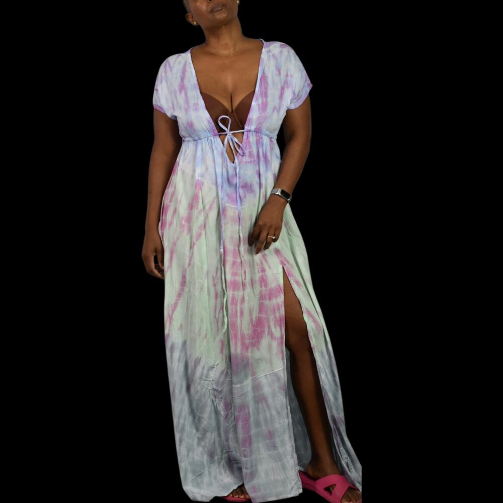 Pastel Tie Dye Maxi Swim Coverup Dress Blue Open Front Plunge Thigh Patio Small - Picture 11 of 14